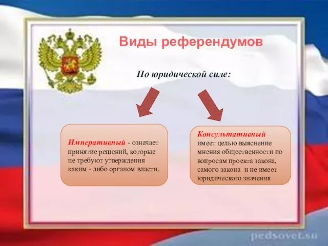 Виды референдумов По юридической силе: Императивный - означает принятие решений, которые не