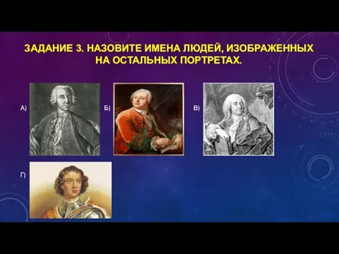 ЗАДАНИЕ 3. НАЗОВИТЕ ИМЕНА ЛЮДЕЙ, ИЗОБРАЖЕННЫХ НА ОСТАЛЬНЫХ ПОРТРЕТАХ. А) Б) В) Г)