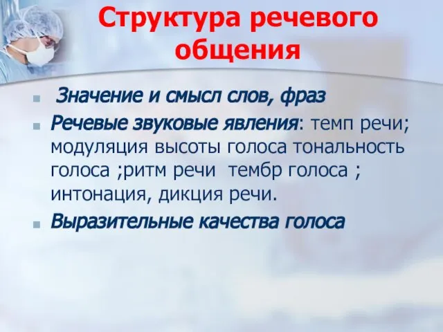 Структура речевого общения Значение и смысл слов, фраз Речевые звуковые явления: темп