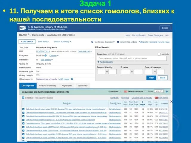 Задача 1 11. Получаем в итоге список гомологов, близких к нашей последовательности