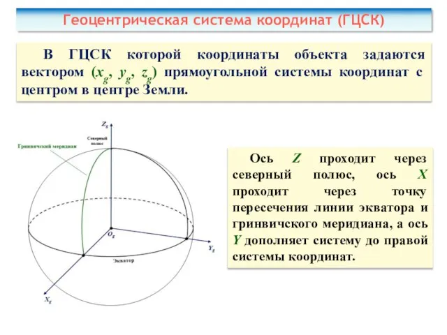 Геоцентрическая система координат (ГЦСК) В ГЦСК которой координаты объекта задаются вектором (xg,