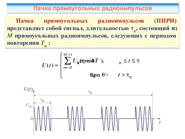 Пачка прямоугольных радиоимпульсов Пачка прямоугольных радиоимпульсов (ППРИ) представляет собой сигнал, длительностью τп,