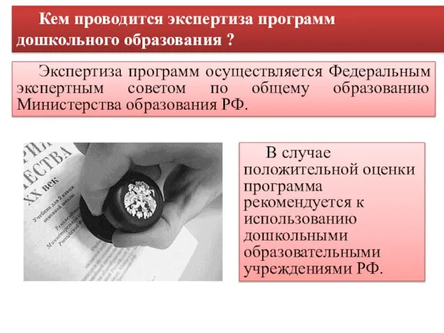 Экспертиза программ осуществляется Федеральным экспертным советом по общему образованию Министерства образования РФ.
