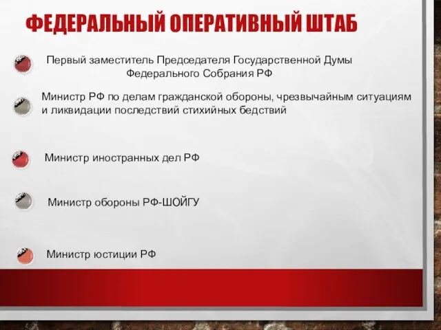 Министр юстиции РФ ФЕДЕРАЛЬНЫЙ ОПЕРАТИВНЫЙ ШТАБ Первый заместитель Председателя Государственной Думы Федерального