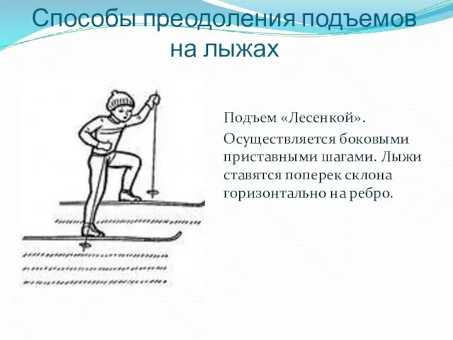 Способы преодоления подъемов на лыжах Подъем «Лесенкой». Осуществляется боковыми приставными шагами. Лыжи