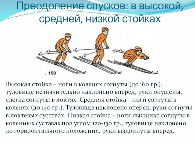 Преодоление спусков: в высокой, средней, низкой стойках Высокая стойка – ноги в