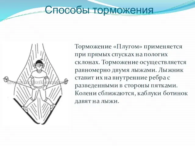 Способы торможения Торможение «Плугом» применяется при прямых спусках на пологих склонах. Торможение