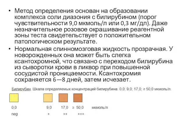 Метод определения основан на образовании комплекса соли диазония с билирубином (порог чувствительности