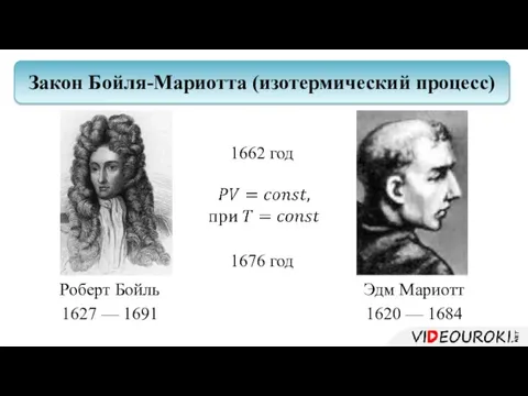 Роберт Бойль 1627 — 1691 Эдм Мариотт 1620 — 1684 Закон Бойля-Мариотта