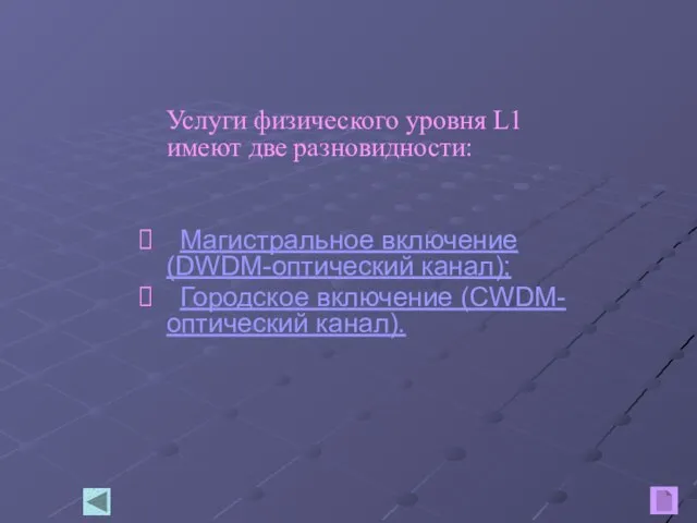 Услуги физического уровня L1 имеют две разновидности: Магистральное включение (DWDM-оптический канал); Городское включение (CWDM-оптический канал).