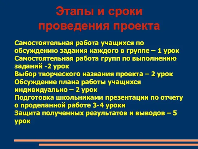 Этапы и сроки проведения проекта Самостоятельная работа учащихся по обсуждению задания каждого