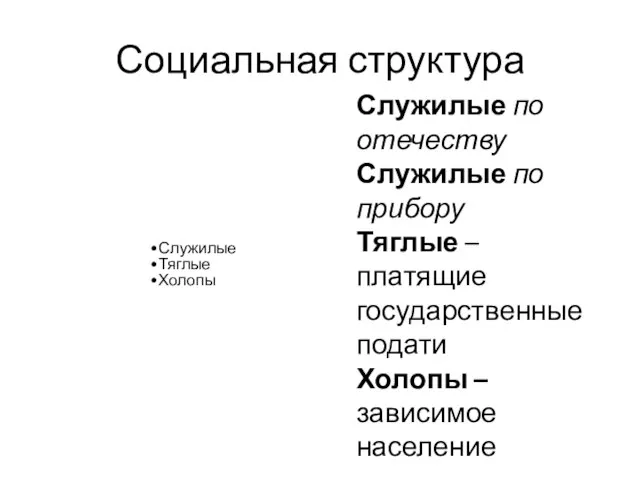 Социальная структура Служилые Тяглые Холопы Служилые по отечеству Служилые по прибору Тяглые