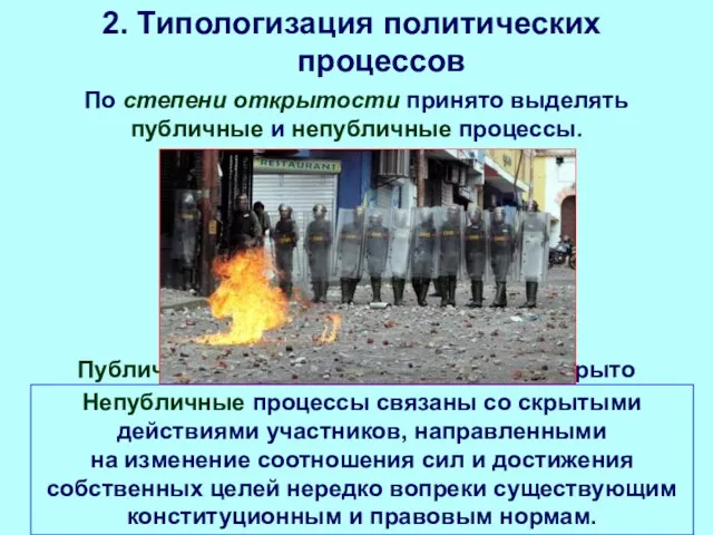 2. Типологизация политических процессов Публичные проявляются совершенно открыто (например, в рамках демократического