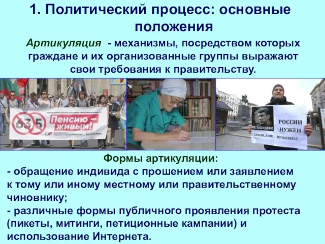 1. Политический процесс: основные положения Формы артикуляции: - обращение индивида с прошением