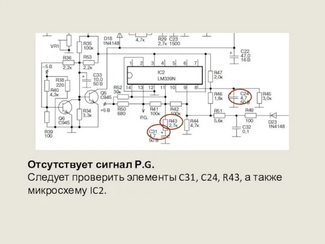 Отсутствует сигнал Р.G. Следует проверить элементы C31, C24, R43, а также микросхему IC2.