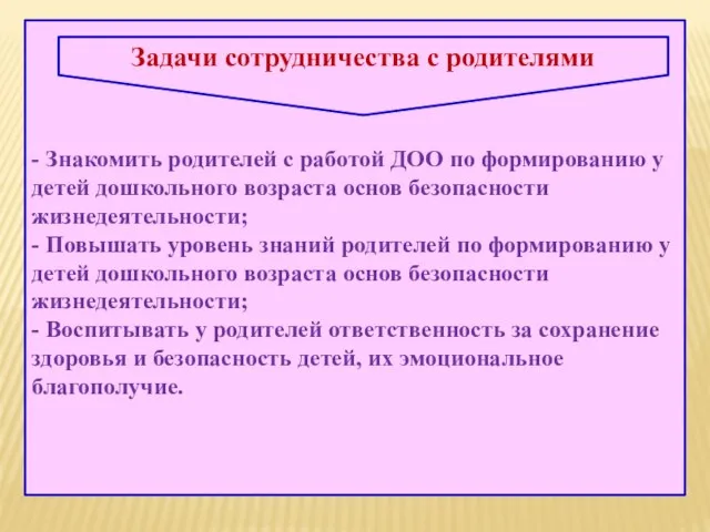 - Знакомить родителей с работой ДОО по формированию у детей дошкольного возраста