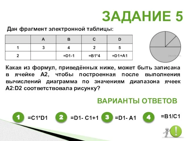 ЗАДАНИЕ 5 ВАРИАНТЫ ОТВЕТОВ 1 2 3 4 Дан фрагмент электронной таблицы: