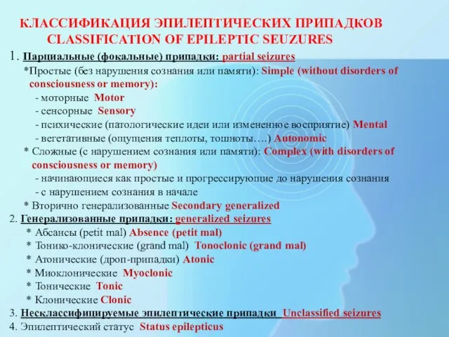 КЛАССИФИКАЦИЯ ЭПИЛЕПТИЧЕСКИХ ПРИПАДКОВ CLASSIFICATION OF EPILEPTIC SEUZURES 1. Парциальные (фокальные) припадки: partial