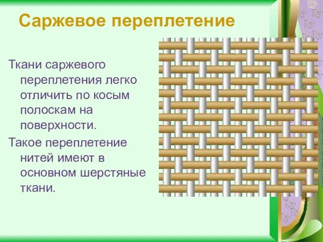 Саржевое переплетение Ткани саржевого переплетения легко отличить по косым полоскам на поверхности.