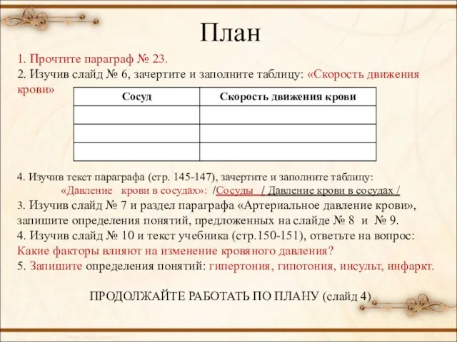 План 1. Прочтите параграф № 23. 2. Изучив слайд № 6, зачертите