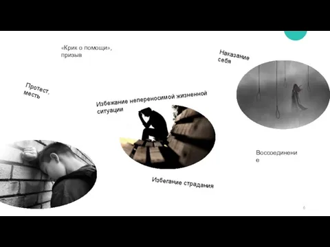 «Крик о помощи», призыв Протест, месть Избежание непереносимой жизненной ситуации Избегание страдания Наказание себя Воссоединение