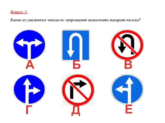 Вопрос 3. Какие из указанных знаков не запрещают выполнить поворот налево? А