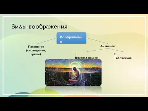 Виды воображения Воображение Пассивное (сновидение, грёзы) Активное 1. Воссоздающее 2.Творческое