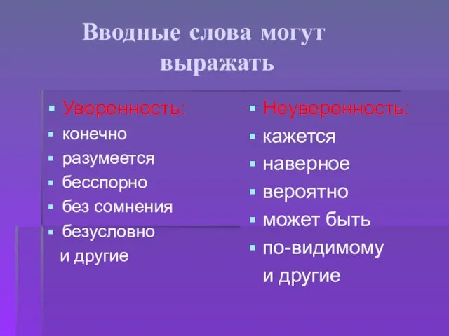 Вводные слова могут выражать Уверенность: конечно разумеется бесспорно без сомнения безусловно и