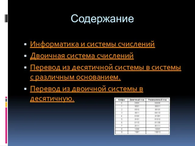 Содержание Информатика и системы счислений Двоичная система счислений Перевод из десятичной системы