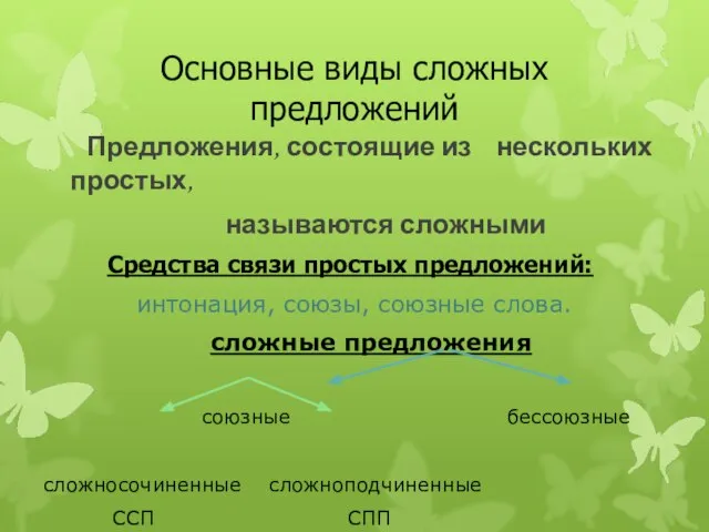 Основные виды сложных предложений Предложения, состоящие из нескольких простых, называются сложными Средства