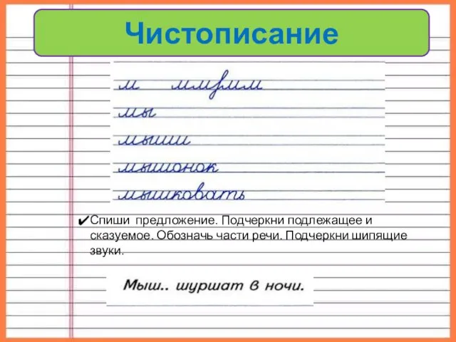 Чистописание Спиши предложение. Подчеркни подлежащее и сказуемое. Обозначь части речи. Подчеркни шипящие звуки.