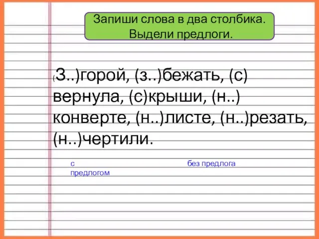 (З..)горой, (з..)бежать, (с)вернула, (с)крыши, (н..)конверте, (н..)листе, (н..)резать, (н..)чертили. Запиши слова в два