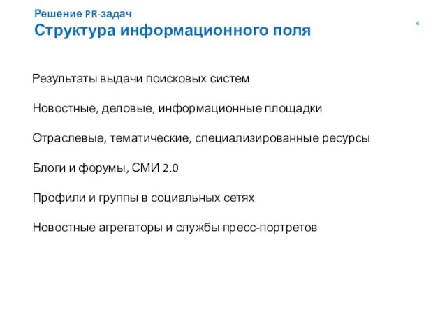 Решение PR-задач Структура информационного поля Результаты выдачи поисковых систем Новостные, деловые, информационные