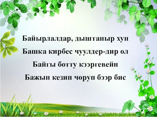 Байырлалдар, дыштаныр хун Башка кирбес чуулдер-дир ол Байгы ботту кээргевейн Бажын кезип чоруп бээр бис