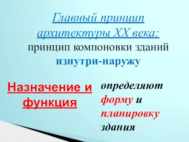 Назначение и функция определяют форму и планировку здания Главный принцип архитектуры XX