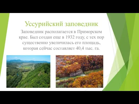 Уссурийский заповедник Заповедник располагается в Приморском крае. Был создан еще в 1932