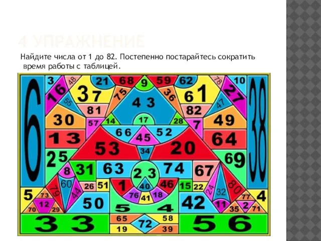 4 УПРАЖНЕНИЕ Найдите числа от 1 до 82. Постепенно постарайтесь сократить время работы с таблицей.