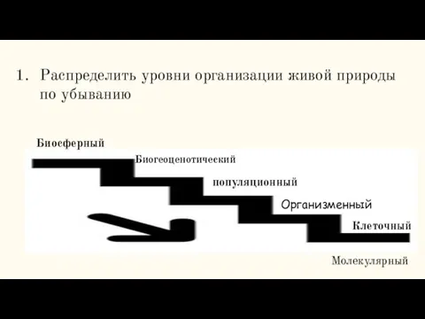 Распределить уровни организации живой природы по убыванию Биосферный Биогеоценотический популяционный Организменный Клеточный Молекулярный