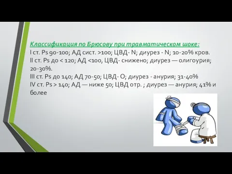 Классификация по Брюсову при травматическом шоке: I ст. Ps 90-100; АД сист.