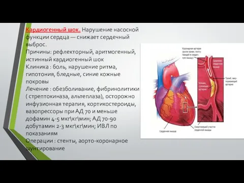 Кардиогенный шок. Нарушение насосной функции сердца — снижает сердечный выброс. Причины: рефлекторный,