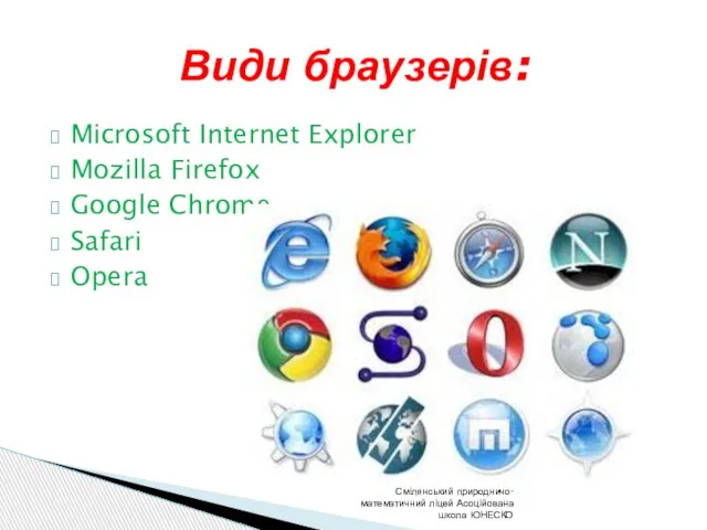 Microsoft Internet Explorer Mozilla Firefox Google Chrome Safari Opera Смілянський природничо-математичний ліцей