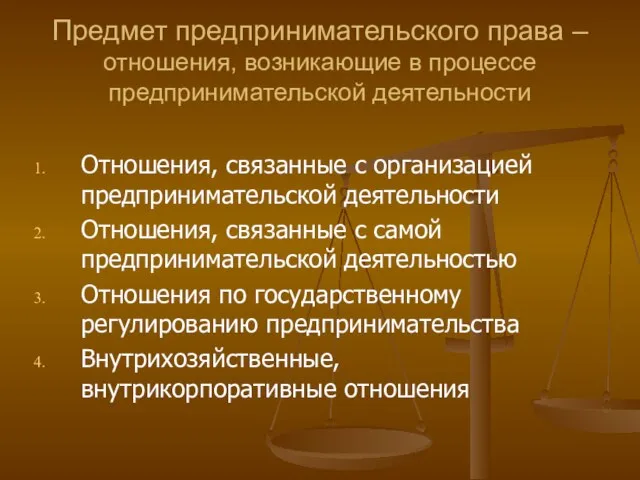 Предмет предпринимательского права – отношения, возникающие в процессе предпринимательской деятельности Отношения, связанные