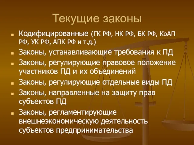 Текущие законы Кодифицированные (ГК РФ, НК РФ, БК РФ, КоАП РФ, УК