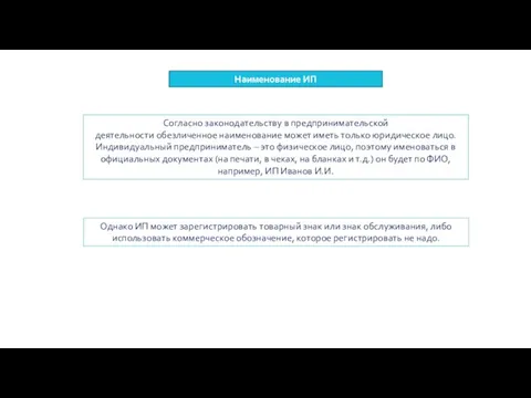 Наименование ИП Согласно законодательству в предпринимательской деятельности обезличенное наименование может иметь только