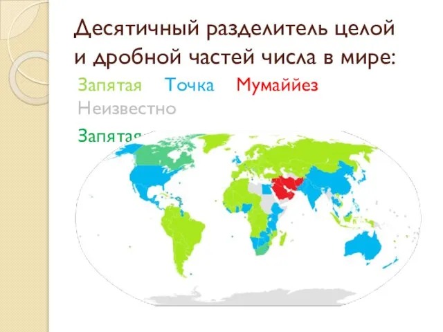 Десятичный разделитель целой и дробной частей числа в мире: Запятая Точка Мумаййез Неизвестно Запятая и точка