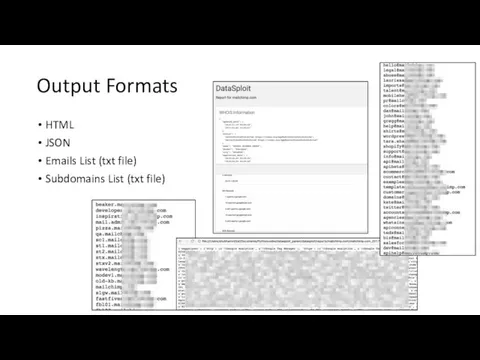 Output Formats HTML JSON Emails List (txt file) Subdomains List (txt file)