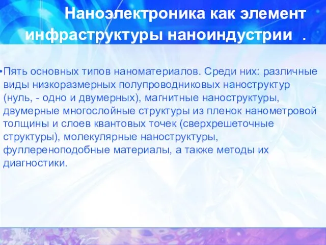 Наноэлектроника как элемент инфраструктуры наноиндустрии . Пять основных типов наноматериалов. Среди них: