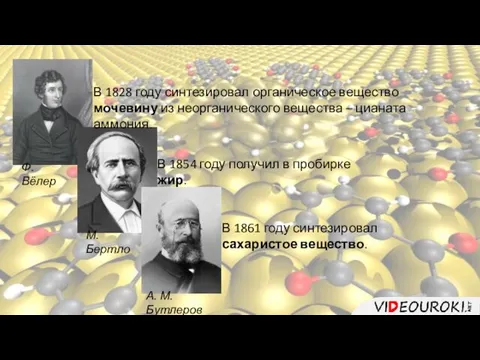 Ф. Вёлер В 1828 году синтезировал органическое вещество мочевину из неорганического вещества