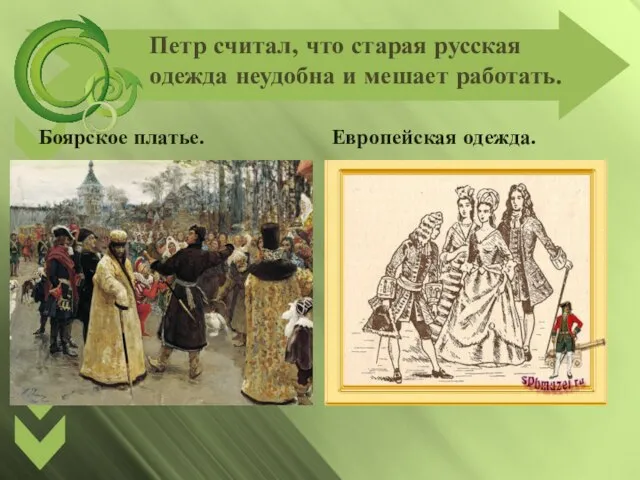 Петр считал, что старая русская одежда неудобна и мешает работать. Боярское платье. Европейская одежда.