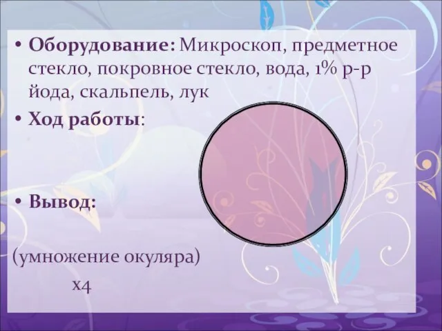 Оборудование: Микроскоп, предметное стекло, покровное стекло, вода, 1% р-р йода, скальпель, лук